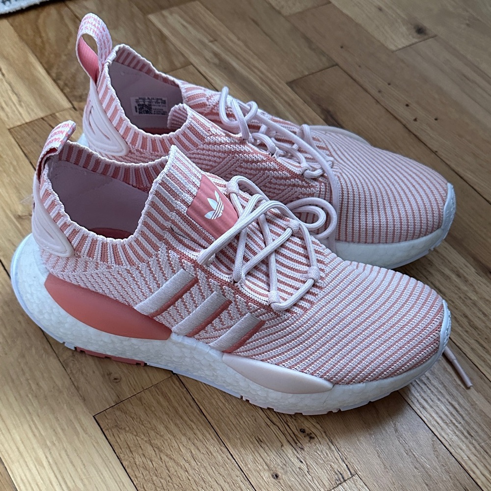 Adidas Striped Peach and White Sneakers